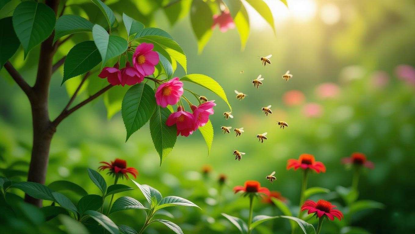 Shaded cherry tree with bees pollinating flowers and companion plants."