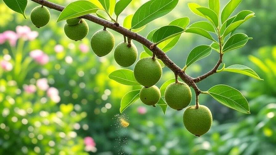 Hand-pollinating a cherimoya fruit tree branch with ripe fruit in a tropical garden".