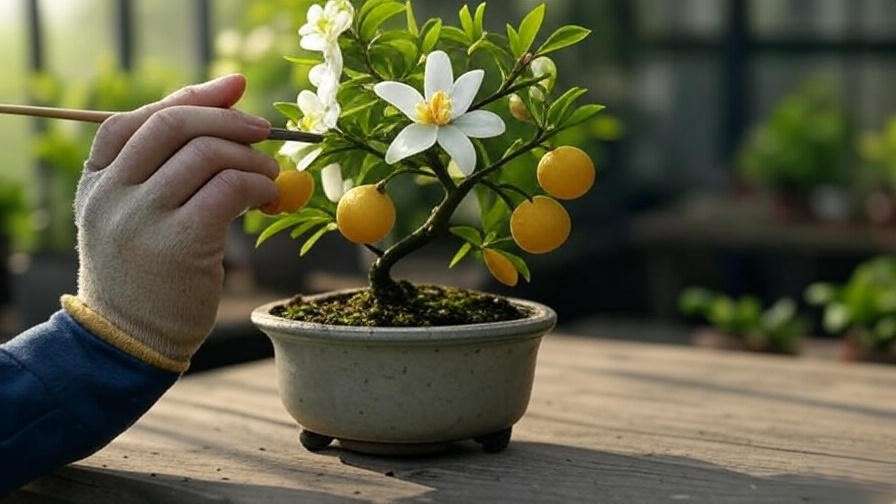 "Hand-pollinating a citrus bonsai with a paintbrush on flowers and fruit