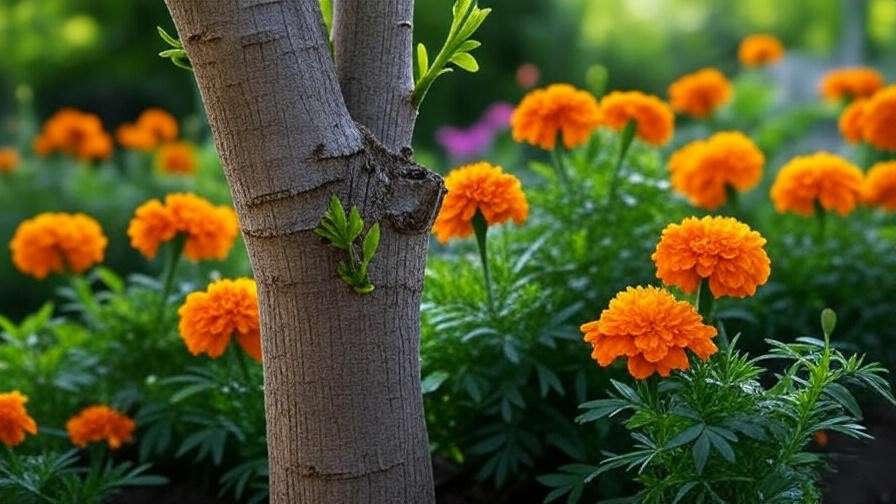 "Bearss lime tree with grafted section and marigold flowers in sunny garden."