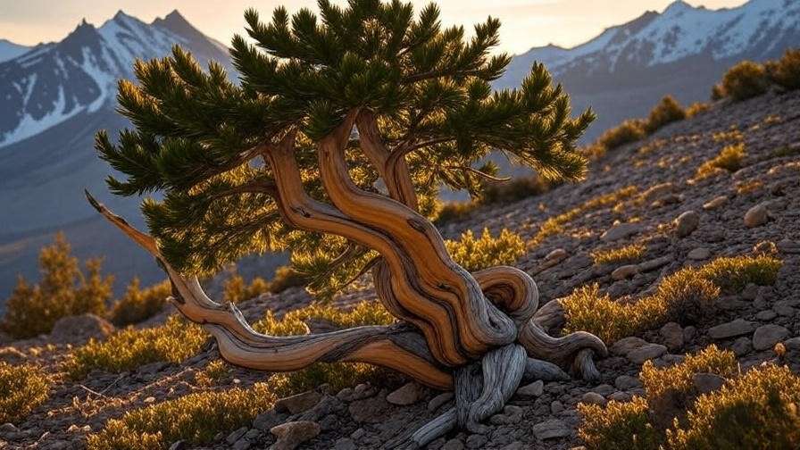 Close-up of Bristlecone Pine with gnarled trunk and needles in alpine garden with mountains"