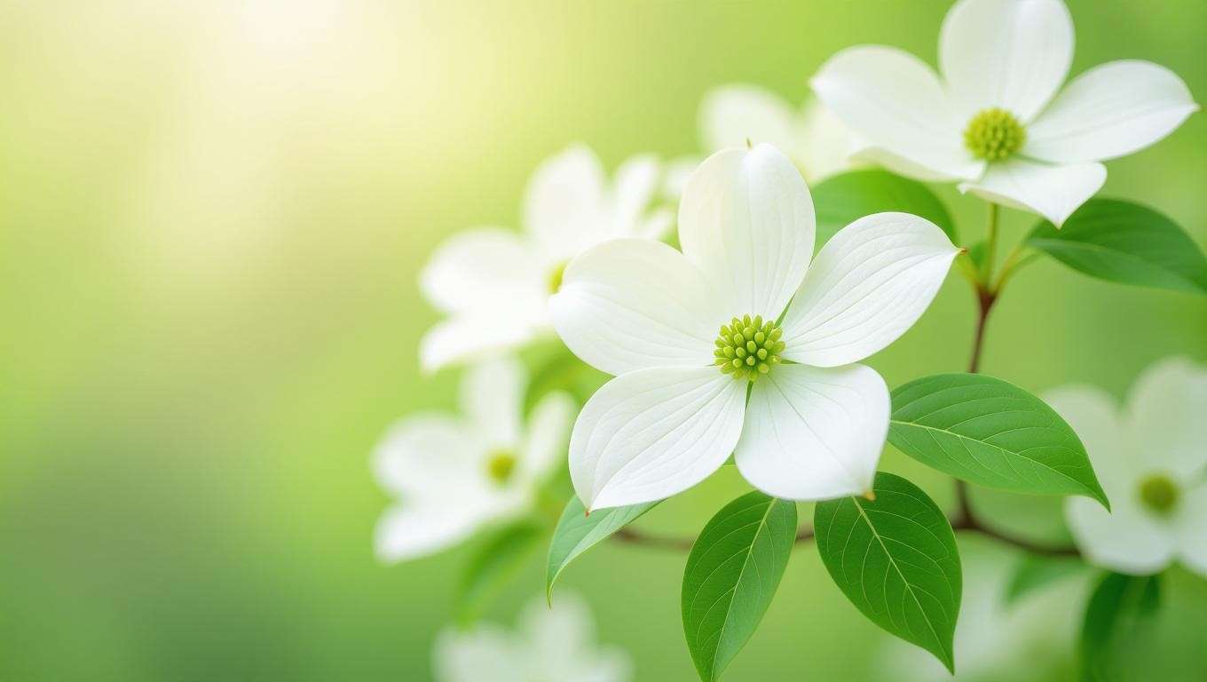 Close-up of Dogwood tree with white star-shaped flowers in bloom, green leaves, natural background".