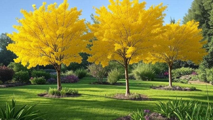 Three yellow bloom trees (Golden Chain, Yellowwood, Golden Shower) in a well-maintained garden.