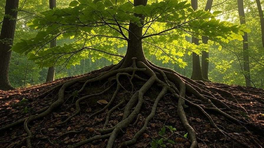 Healthy tree with mycorrhizal fungi near roots in a lush forest ecosystem."