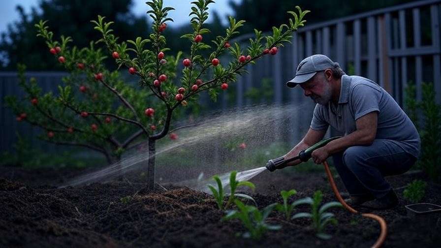 Peach tree being rinsed with hose and soil cleaned of ash with compost added post-bonfire care."