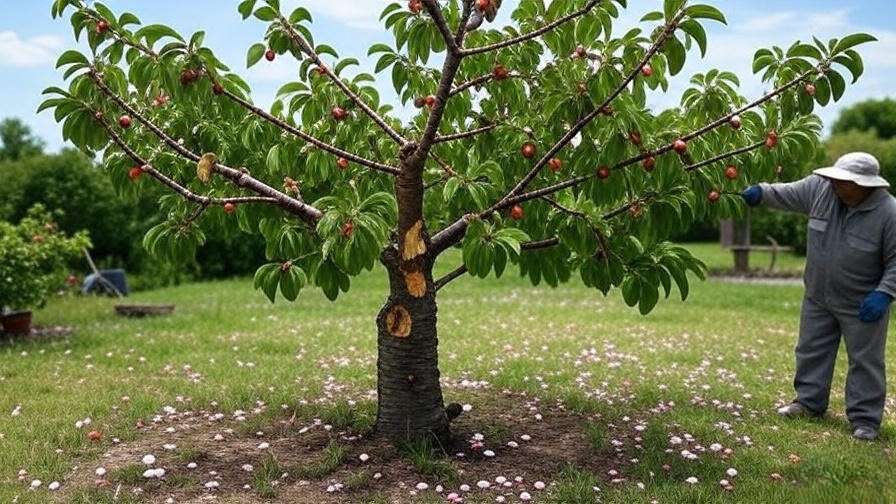 Cherry tree with hail damage and gardener inspecting bruised fruit.
