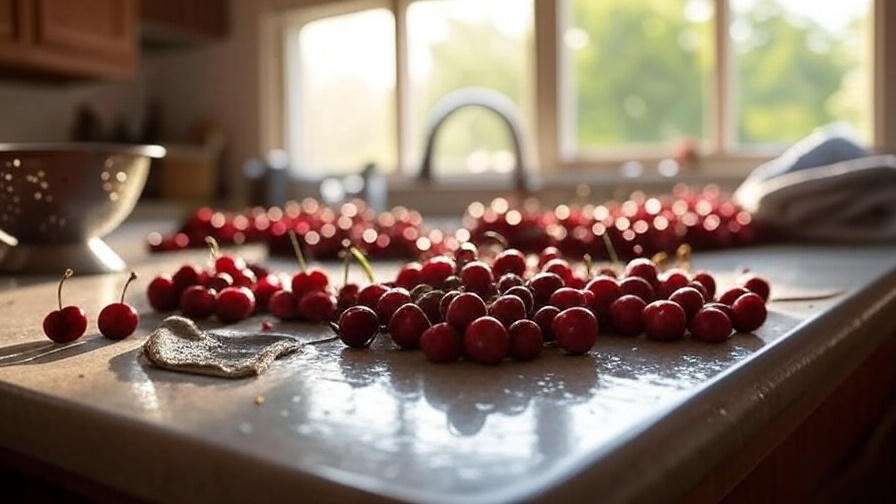 Freshly washed cherries sorted on a kitchen counter with a colander and cloth.