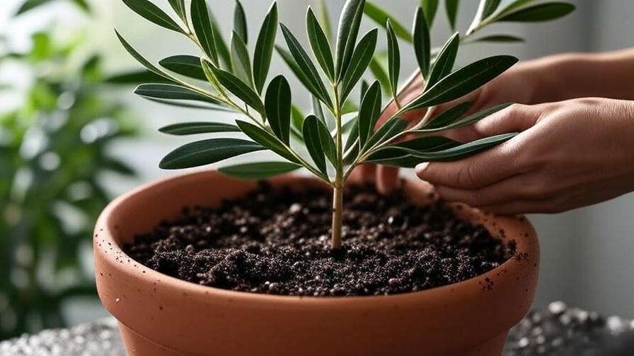 "Close-up of repotting a black olive tree indoor with terracotta pot and well-draining soil."