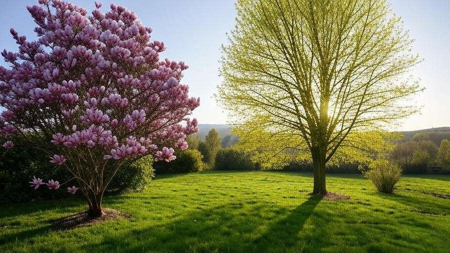 Compact magnolia tree in small yard and tall tulip tree in large rural garden landscape"