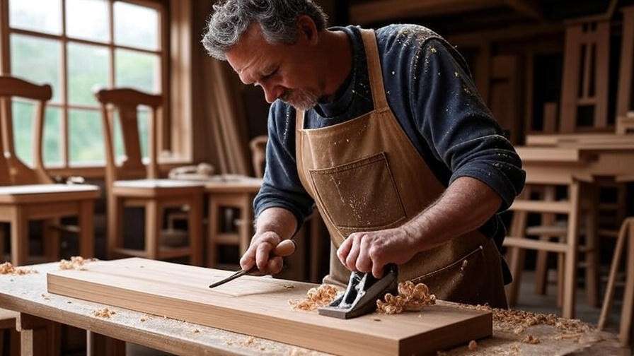 Woodworker shaping mulberry wood planks with tools in a workshop