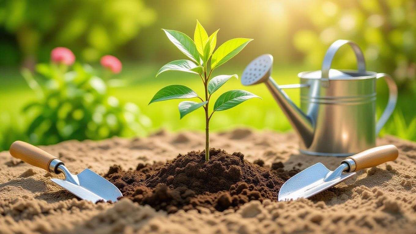 Sandy soil amended with compost and mulch around a young cherry tree sapling with gardening tools in a sunny garden."