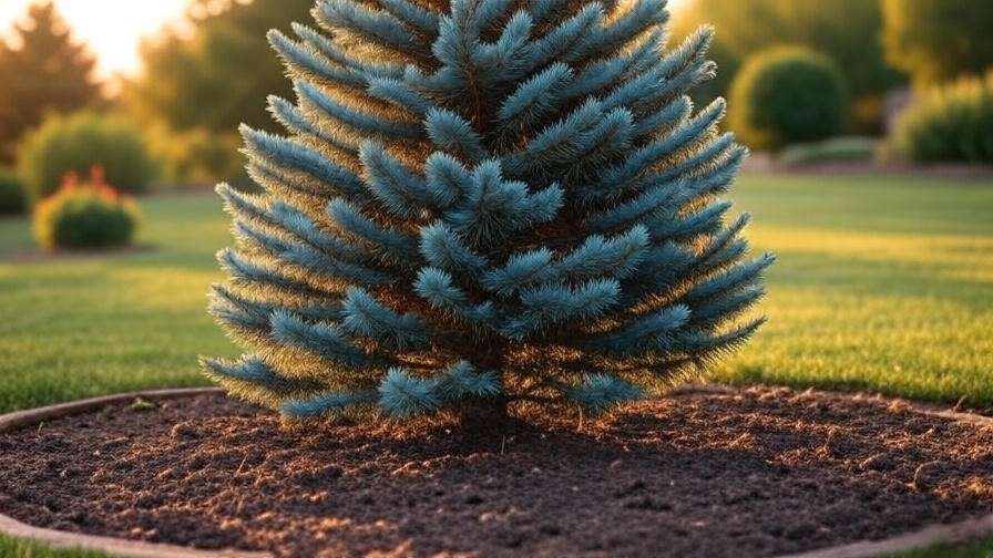 Colorado Blue Spruce in a well-prepared garden with mulch and soil, showcasing proper planting site care