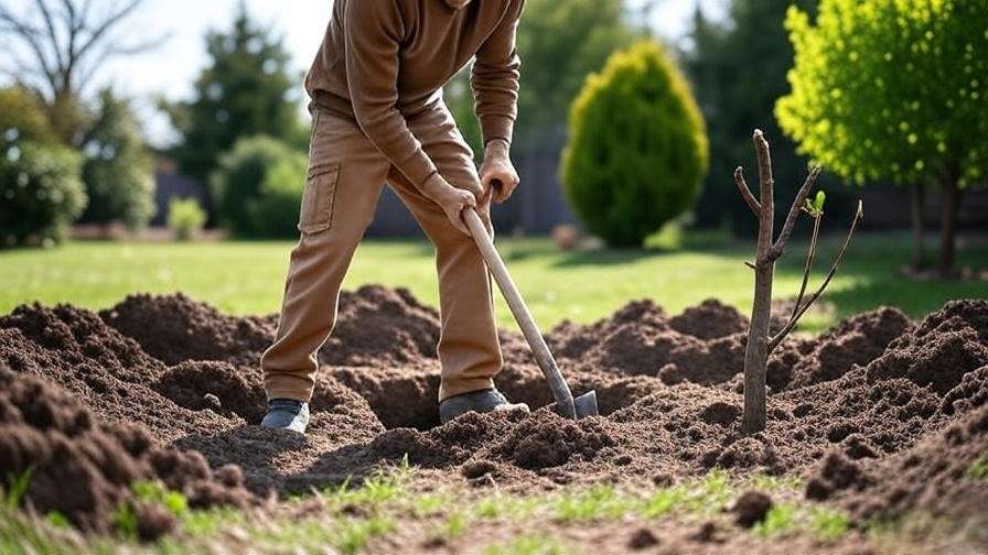 Gardener digging a planting hole for bare root trees with amended soil in a sunny backyard."