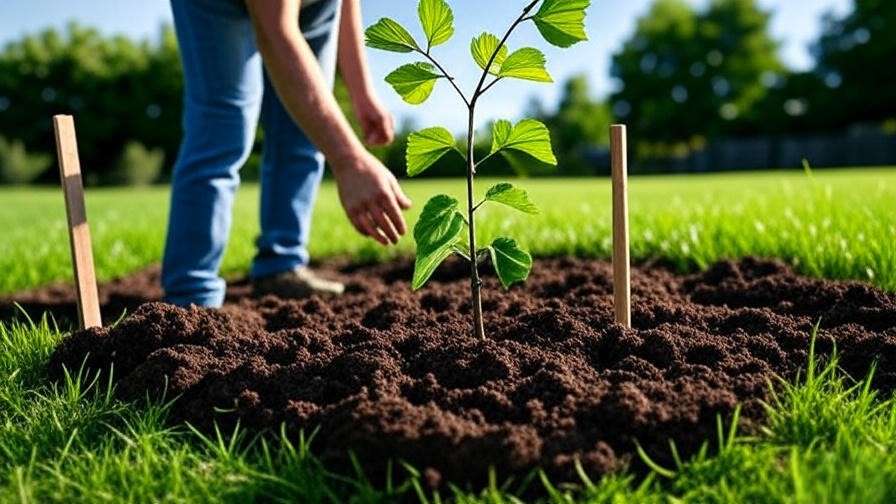 Gardener planting a young weeping mulberry tree in a sunny garden bed with loamy soil."