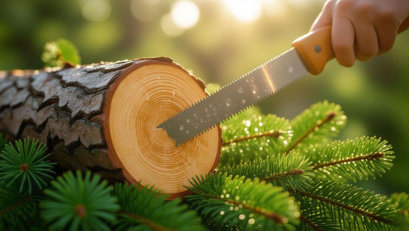 Close-up of a freshly cut Douglas fir tree trunk being trimmed for hydration".