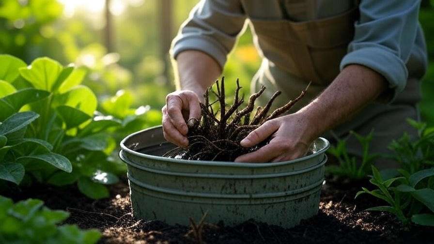 Gardener soaking bare root tree roots in water for healthy growth in a lush garden."