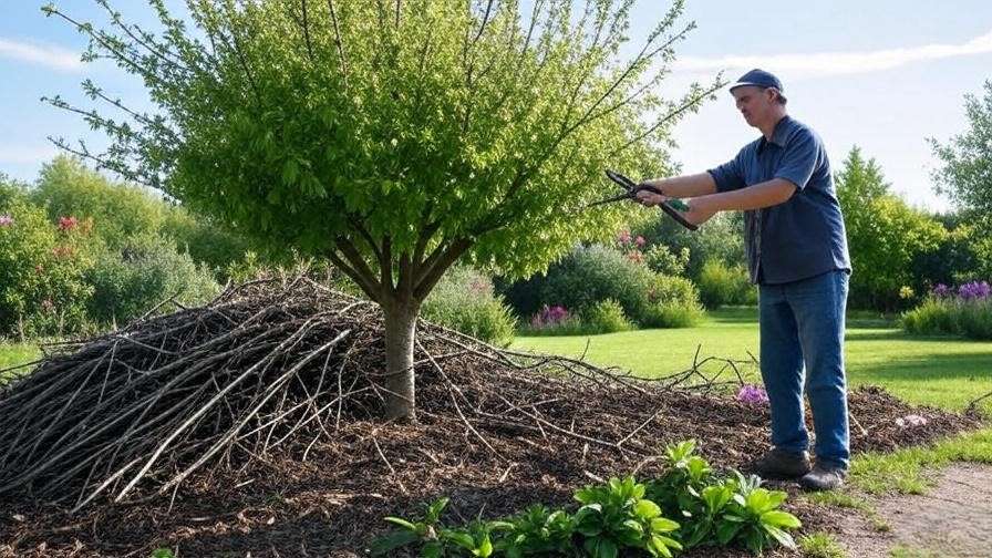 Gardener pruning a healthy cherry tree with shears in a peaceful garden."