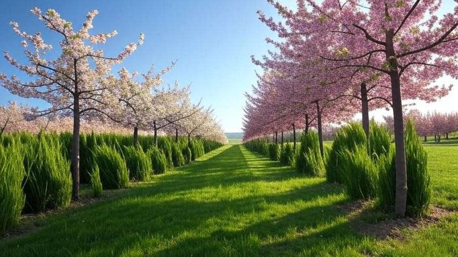Diverse cherry orchard with intercropped plants and windbreaks.