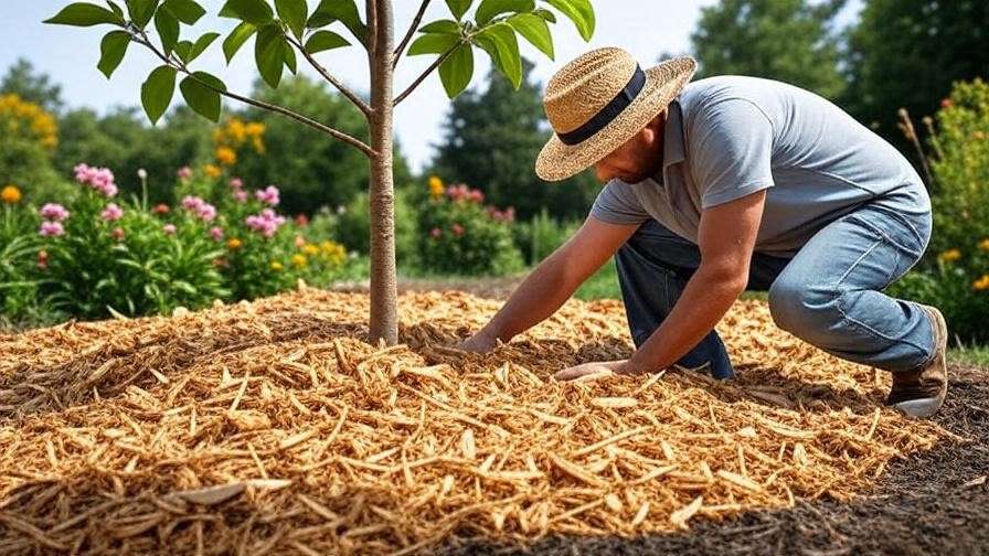 Gardener mulching young tree with wood chips for protection.