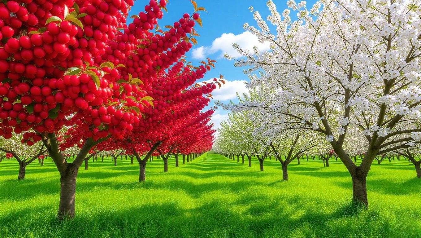 Variety of cherry trees with ripe fruits and blossoms in an orchard