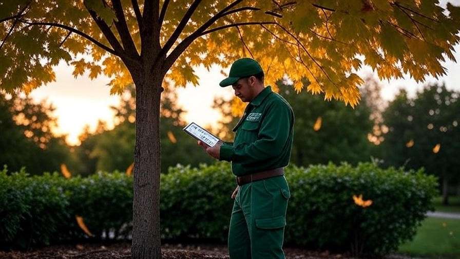 Arborist conducting seasonal tree inspection with tablet near a healthy pruned tree".