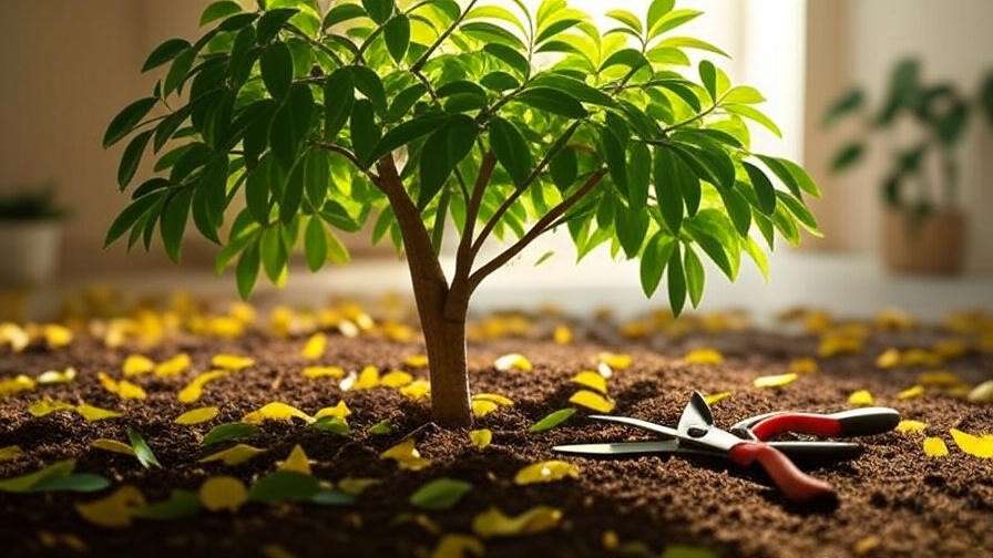 Money tree with fallen leaves and pruning shears for maintenanc