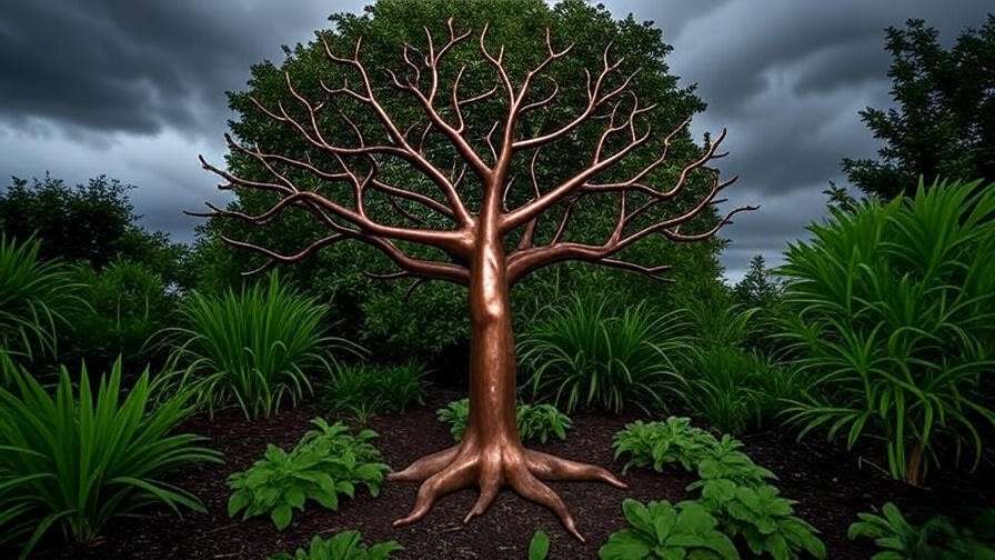 "Copper metal tree with patina secured with anchors in a garden during a storm."