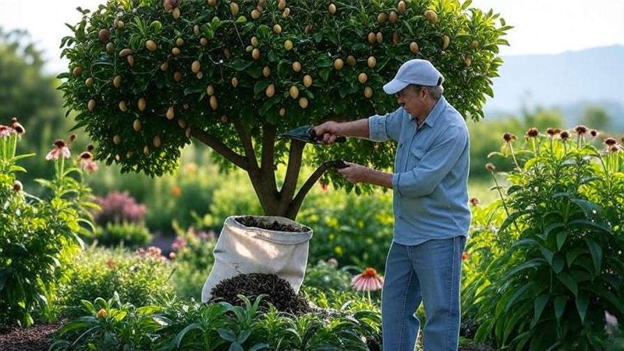 Person pruning Tree of Heaven seed pods with shears in a garden with native plants".