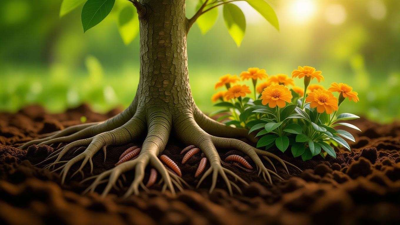 Cherry tree roots with nematodes and marigold plants in healthy soil."