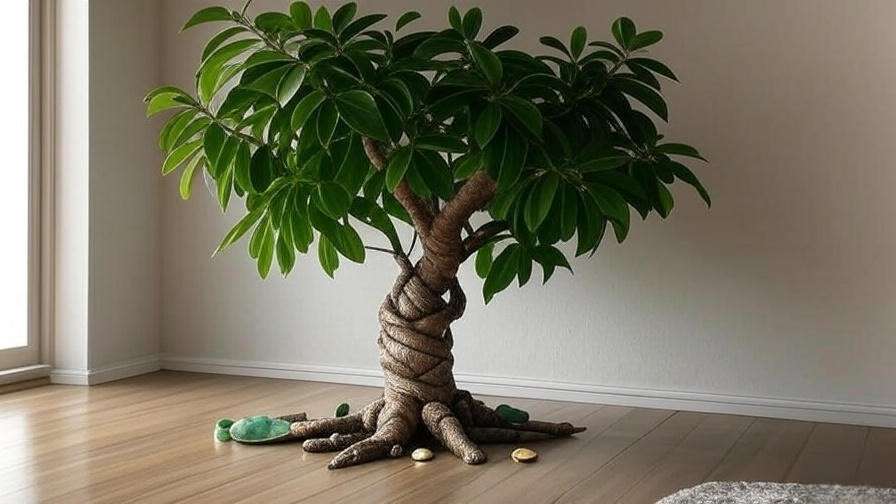 Money tree in feng shui southeast corner with coins, promoting prosperity