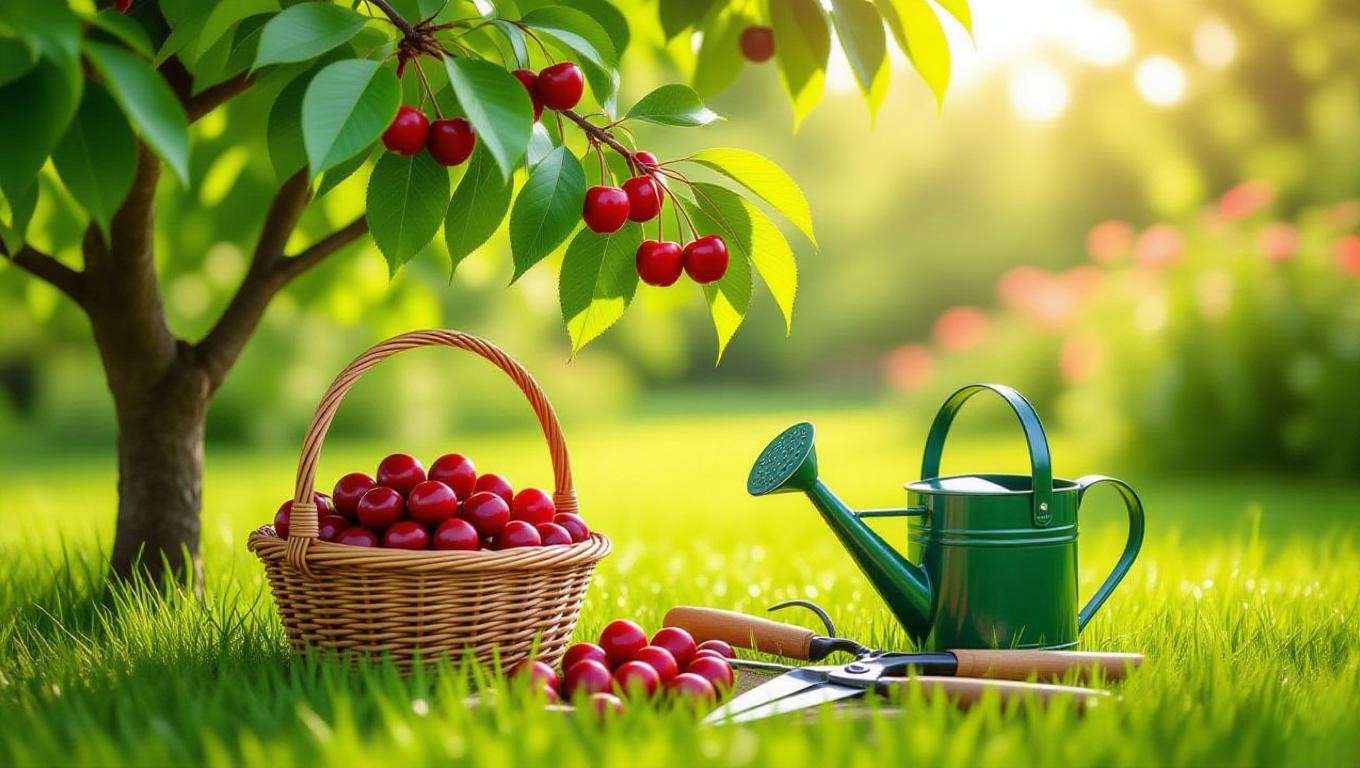 Cherry tree with basket of cherries and gardening tools for vibrant growth".