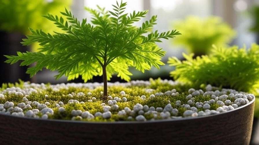 Feather tree seedling in a pot next to a mature tree in a nursery.
