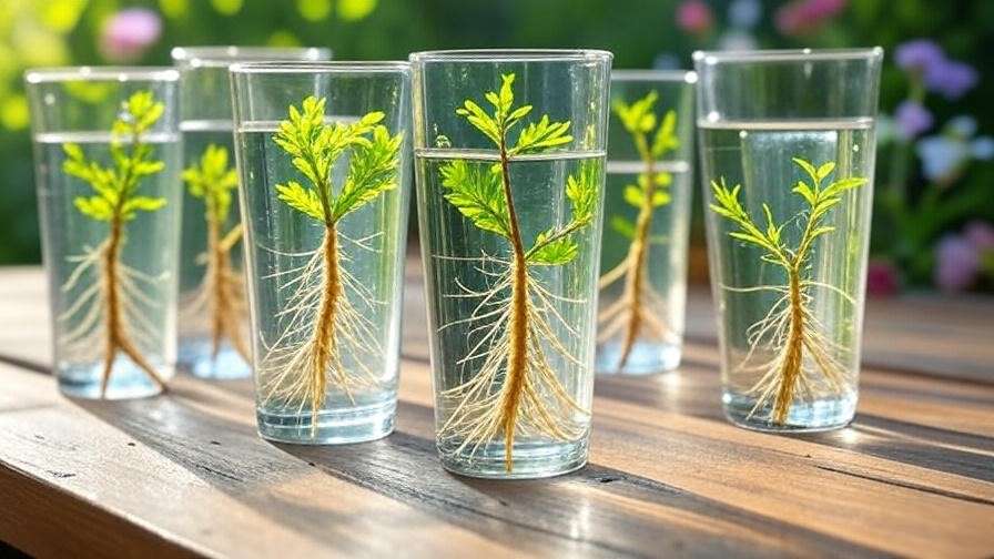 Propagated jewel tree cuttings with new roots in water glasses"