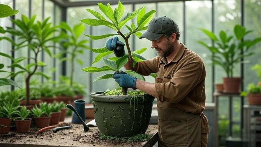 "Propagating a Black Mission Fig Tree cutting with rooting hormone in a greenhouse".