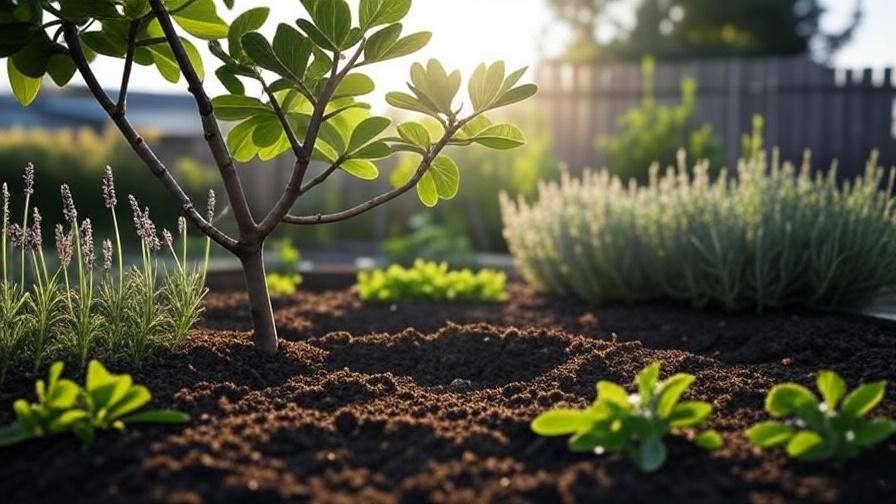 "Dwarf fig tree in a raised bed with companion plants for root control.