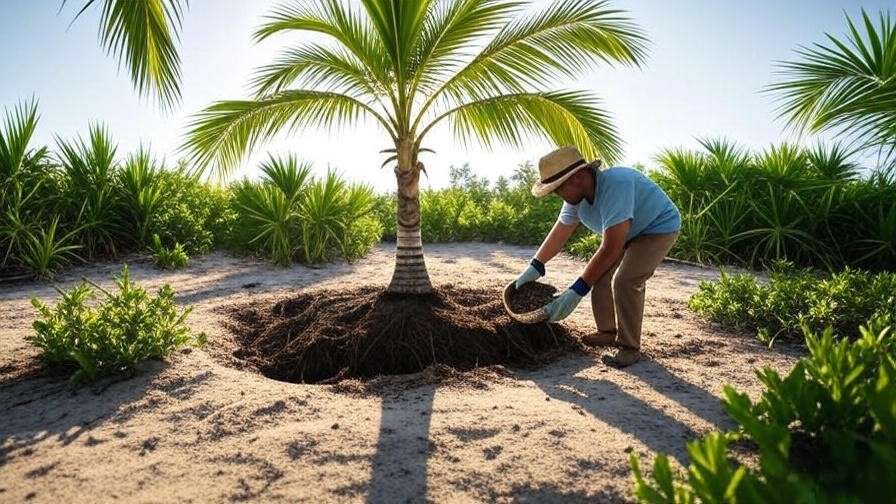 Newly planted palm tree with gardener adding compost in a tropical sandy soil setting"