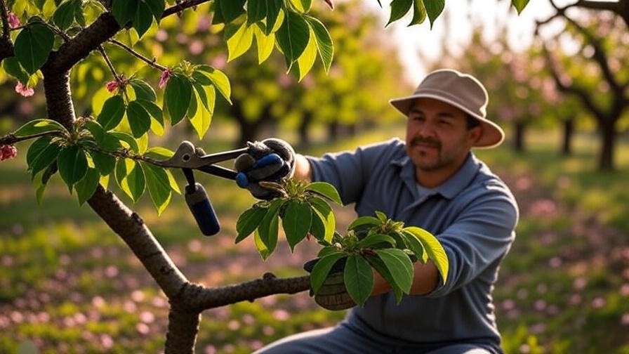 "Gardener pruning a cherry tree with shears, removing dead branches in a garden."