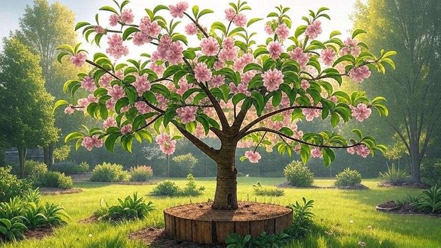 "Cherry tree pruning with a 45-degree cut outside the branch collar in a blooming garden."