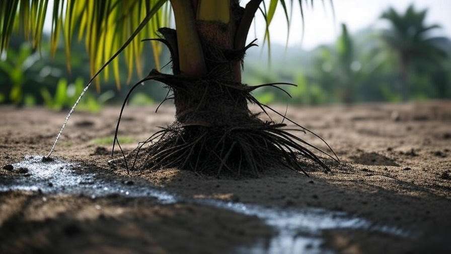 Coconut tree watered with drip irrigation system showing healthy roots and moist soil."