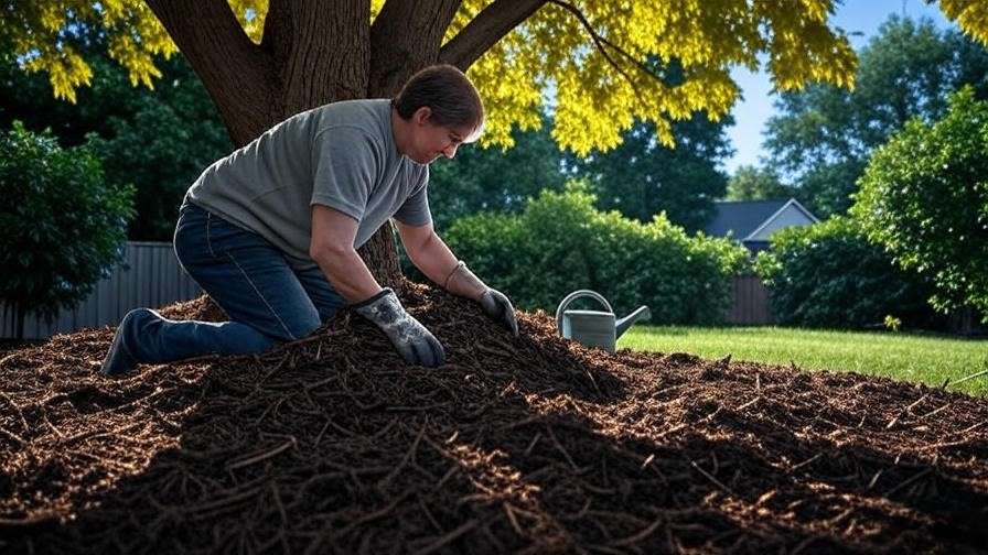 Person applying mulch to tree with yellowing leaves and watering can