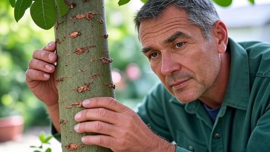 Gardener inspecting a locust tree trunk for pests in a garden setting".