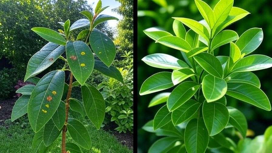 Jewel tree with spider mite damage next to a healthy treated plant"