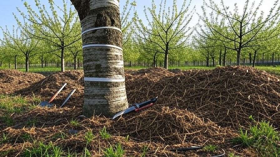 Cherry tree with white tree guard and mulch for weather protection"