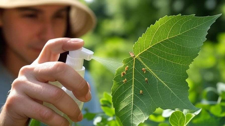 Gardener applying neem oil to a sakura tree leaf to control aphids."