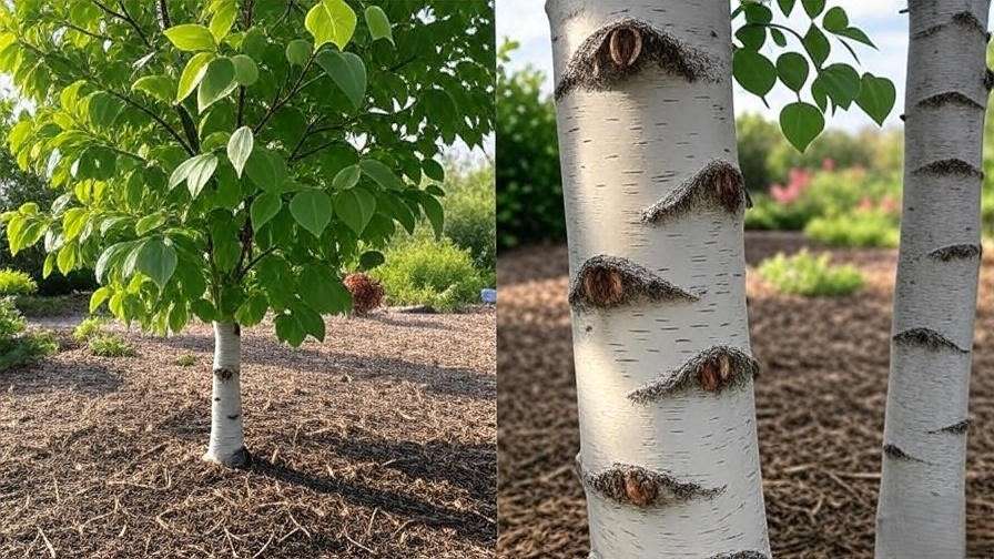 Birch tree with pest damage compared to healthy tree in a garden