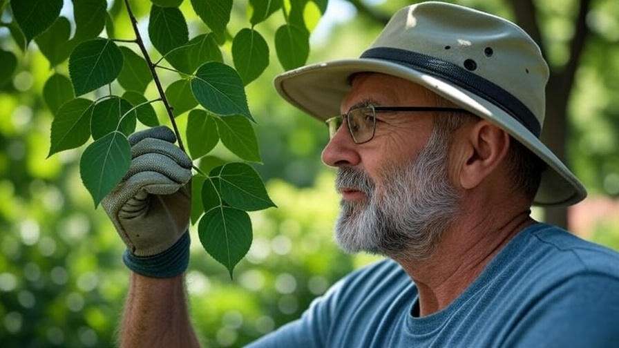 Gardener checking aspen tree leaves for pests like aphids in a lush garden"