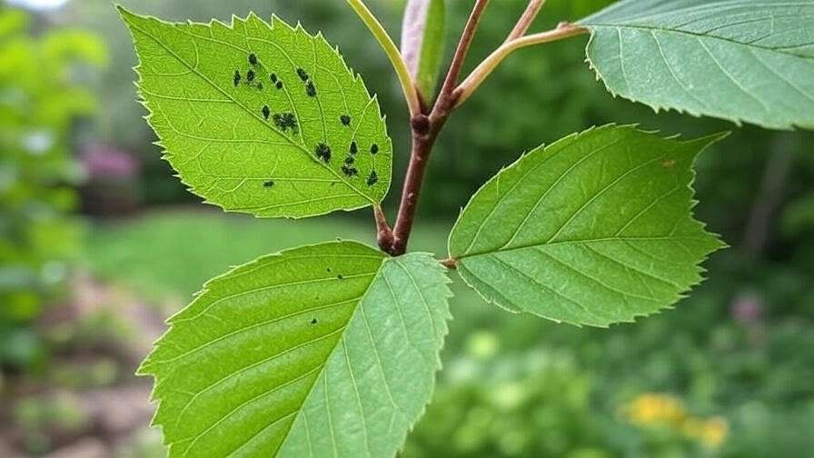 Close-up of hornbeam leaves with pest damage and a healthy leaf in a garden."