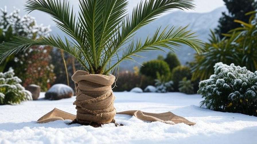 Young palm tree wrapped in burlap for frost protection in a tropical winter setting"