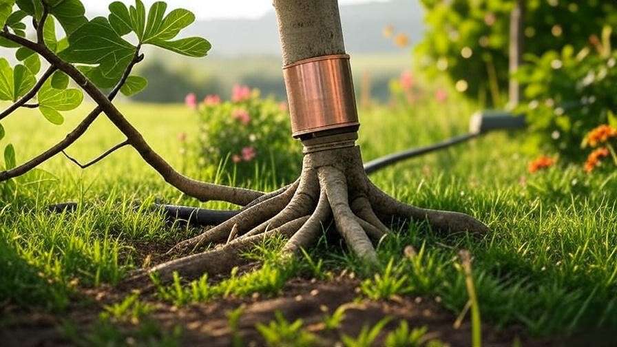 Fig tree roots near a protected plumbing pipe with drip irrigation in a garden."