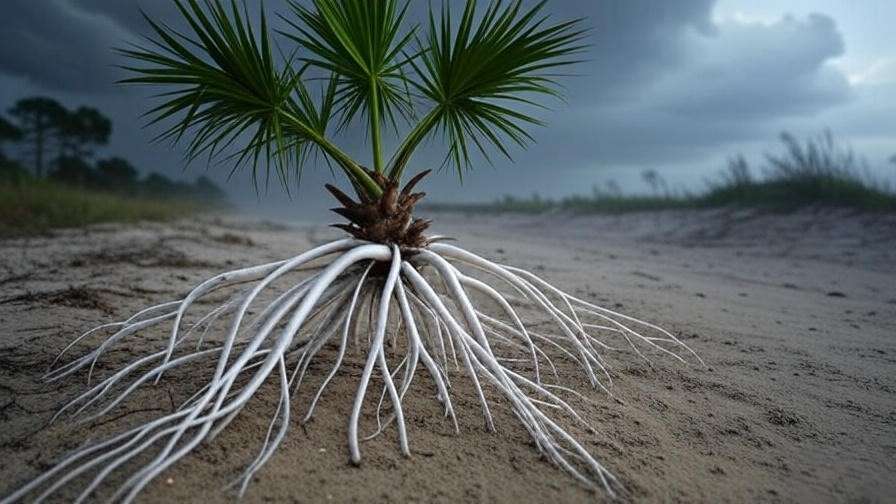 Palmetto tree staking for root protection during storms in coastal sandy soil."